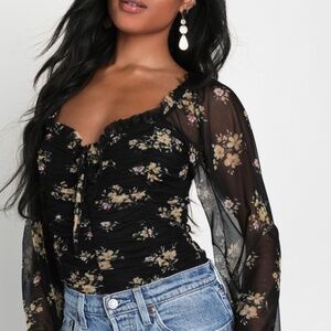 Lulus Forever In Blossom Black Floral Mesh Long Sleeve Bodysuit - Size S